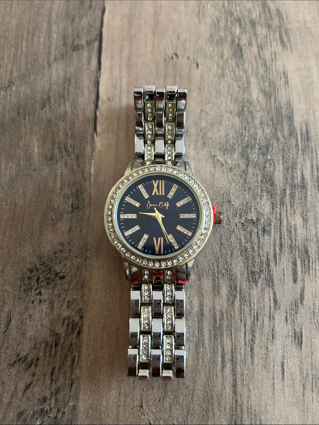 Womens SilverTone Crystal Bracelet Watch Black Dial